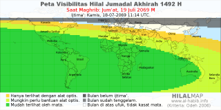 HilalMap: Peta Visibilitas Hilal Jumadal-Akhirah 1492 H: rukyat tanggal 2069-7-19 M