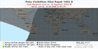 HilalMap: Peta Visibilitas Hilal Rajab 1492 H: rukyat tanggal 2069-8-16 M