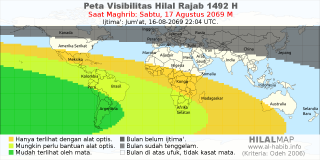HilalMap: Peta Visibilitas Hilal Rajab 1492 H: rukyat tanggal 2069-8-17 M