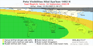 HilalMap: Peta Visibilitas Hilal Syaban 1492 H: rukyat tanggal 2069-9-16 M