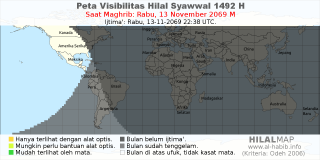 HilalMap: Peta Visibilitas Hilal Syawwal 1492 H: rukyat tanggal 2069-11-13 M