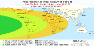 HilalMap: Peta Visibilitas Hilal Syawwal 1492 H: rukyat tanggal 2069-11-14 M