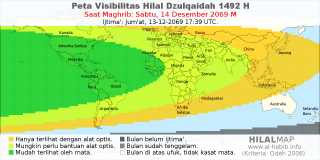 HilalMap: Peta Visibilitas Hilal Dzulqaidah 1492 H: rukyat tanggal 2069-12-14 M