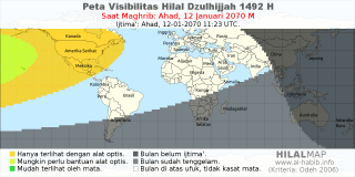 HilalMap: Peta Visibilitas Hilal Dzulhijjah 1492 H: rukyat tanggal 2070-1-12 M