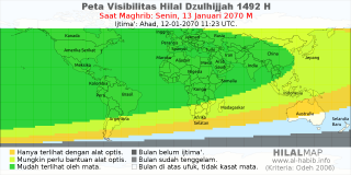 HilalMap: Peta Visibilitas Hilal Dzulhijjah 1492 H: rukyat tanggal 2070-1-13 M