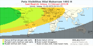 HilalMap: Peta Visibilitas Hilal Muharram 1493 H: rukyat tanggal 2070-2-11 M