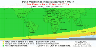 HilalMap: Peta Visibilitas Hilal Muharram 1493 H: rukyat tanggal 2070-2-12 M