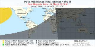 HilalMap: Peta Visibilitas Hilal Shafar 1493 H: rukyat tanggal 2070-3-12 M