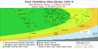HilalMap: Peta Visibilitas Hilal Shafar 1493 H: rukyat tanggal 2070-3-13 M