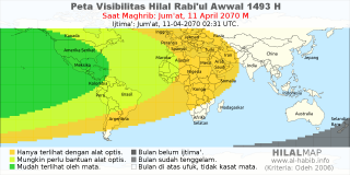 HilalMap: Peta Visibilitas Hilal Rabiul-Awwal 1493 H: rukyat tanggal 2070-4-11 M
