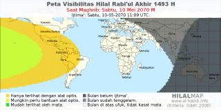HilalMap: Peta Visibilitas Hilal Rabiul-Akhir 1493 H: rukyat tanggal 2070-5-10 M