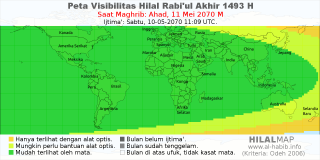 HilalMap: Peta Visibilitas Hilal Rabiul-Akhir 1493 H: rukyat tanggal 2070-5-11 M