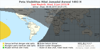 HilalMap: Peta Visibilitas Hilal Jumadal-Awwal 1493 H: rukyat tanggal 2070-6-8 M