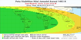 HilalMap: Peta Visibilitas Hilal Jumadal-Awwal 1493 H: rukyat tanggal 2070-6-9 M