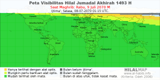 HilalMap: Peta Visibilitas Hilal Jumadal-Akhirah 1493 H: rukyat tanggal 2070-7-9 M