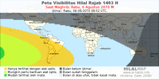 HilalMap: Peta Visibilitas Hilal Rajab 1493 H: rukyat tanggal 2070-8-6 M