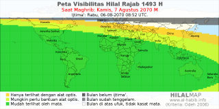 HilalMap: Peta Visibilitas Hilal Rajab 1493 H: rukyat tanggal 2070-8-7 M
