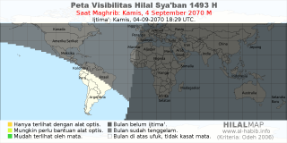 HilalMap: Peta Visibilitas Hilal Syaban 1493 H: rukyat tanggal 2070-9-4 M