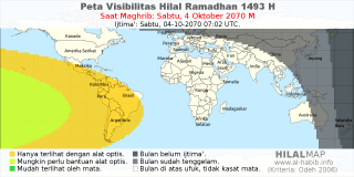 HilalMap: Peta Visibilitas Hilal Ramadhan 1493 H: rukyat tanggal 2070-10-4 M
