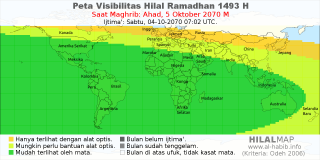 HilalMap: Peta Visibilitas Hilal Ramadhan 1493 H: rukyat tanggal 2070-10-5 M