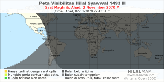 HilalMap: Peta Visibilitas Hilal Syawwal 1493 H: rukyat tanggal 2070-11-2 M