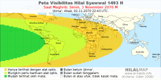 HilalMap: Peta Visibilitas Hilal Syawwal 1493 H: rukyat tanggal 2070-11-3 M