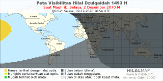 HilalMap: Peta Visibilitas Hilal Dzulqaidah 1493 H: rukyat tanggal 2070-12-2 M