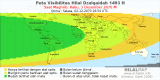 HilalMap: Peta Visibilitas Hilal Dzulqaidah 1493 H: rukyat tanggal 2070-12-3 M