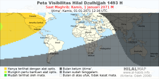 HilalMap: Peta Visibilitas Hilal Dzulhijjah 1493 H: rukyat tanggal 2071-1-1 M