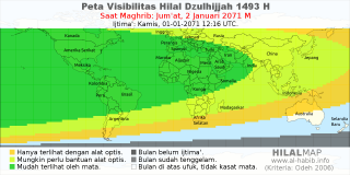 HilalMap: Peta Visibilitas Hilal Dzulhijjah 1493 H: rukyat tanggal 2071-1-2 M