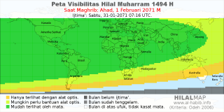 HilalMap: Peta Visibilitas Hilal Muharram 1494 H: rukyat tanggal 2071-2-1 M