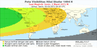 HilalMap: Peta Visibilitas Hilal Shafar 1494 H: rukyat tanggal 2071-3-2 M
