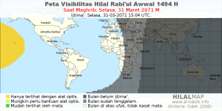 HilalMap: Peta Visibilitas Hilal Rabiul-Awwal 1494 H: rukyat tanggal 2071-3-31 M