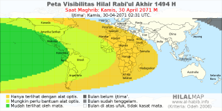 HilalMap: Peta Visibilitas Hilal Rabiul-Akhir 1494 H: rukyat tanggal 2071-4-30 M