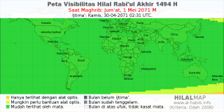 HilalMap: Peta Visibilitas Hilal Rabiul-Akhir 1494 H: rukyat tanggal 2071-5-1 M