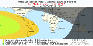 HilalMap: Peta Visibilitas Hilal Jumadal-Awwal 1494 H: rukyat tanggal 2071-5-29 M