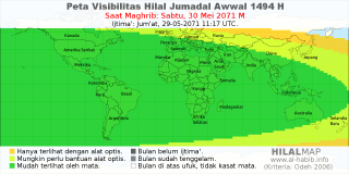 HilalMap: Peta Visibilitas Hilal Jumadal-Awwal 1494 H: rukyat tanggal 2071-5-30 M