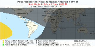 HilalMap: Peta Visibilitas Hilal Jumadal-Akhirah 1494 H: rukyat tanggal 2071-6-27 M