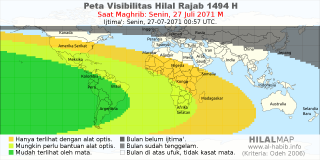 HilalMap: Peta Visibilitas Hilal Rajab 1494 H: rukyat tanggal 2071-7-27 M