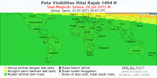 HilalMap: Peta Visibilitas Hilal Rajab 1494 H: rukyat tanggal 2071-7-28 M