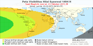HilalMap: Peta Visibilitas Hilal Syawwal 1494 H: rukyat tanggal 2071-10-23 M