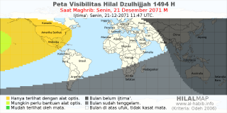 HilalMap: Peta Visibilitas Hilal Dzulhijjah 1494 H: rukyat tanggal 2071-12-21 M
