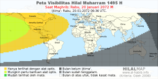 HilalMap: Peta Visibilitas Hilal Muharram 1495 H: rukyat tanggal 2072-1-20 M