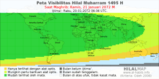 HilalMap: Peta Visibilitas Hilal Muharram 1495 H: rukyat tanggal 2072-1-21 M