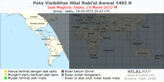 HilalMap: Peta Visibilitas Hilal Rabiul-Awwal 1495 H: rukyat tanggal 2072-3-19 M