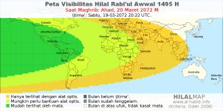 HilalMap: Peta Visibilitas Hilal Rabiul-Awwal 1495 H: rukyat tanggal 2072-3-20 M