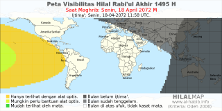 HilalMap: Peta Visibilitas Hilal Rabiul-Akhir 1495 H: rukyat tanggal 2072-4-18 M
