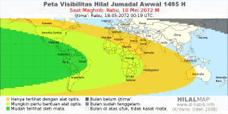 HilalMap: Peta Visibilitas Hilal Jumadal-Awwal 1495 H: rukyat tanggal 2072-5-18 M