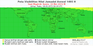 HilalMap: Peta Visibilitas Hilal Jumadal-Awwal 1495 H: rukyat tanggal 2072-5-19 M