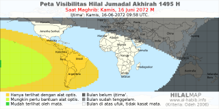 HilalMap: Peta Visibilitas Hilal Jumadal-Akhirah 1495 H: rukyat tanggal 2072-6-16 M